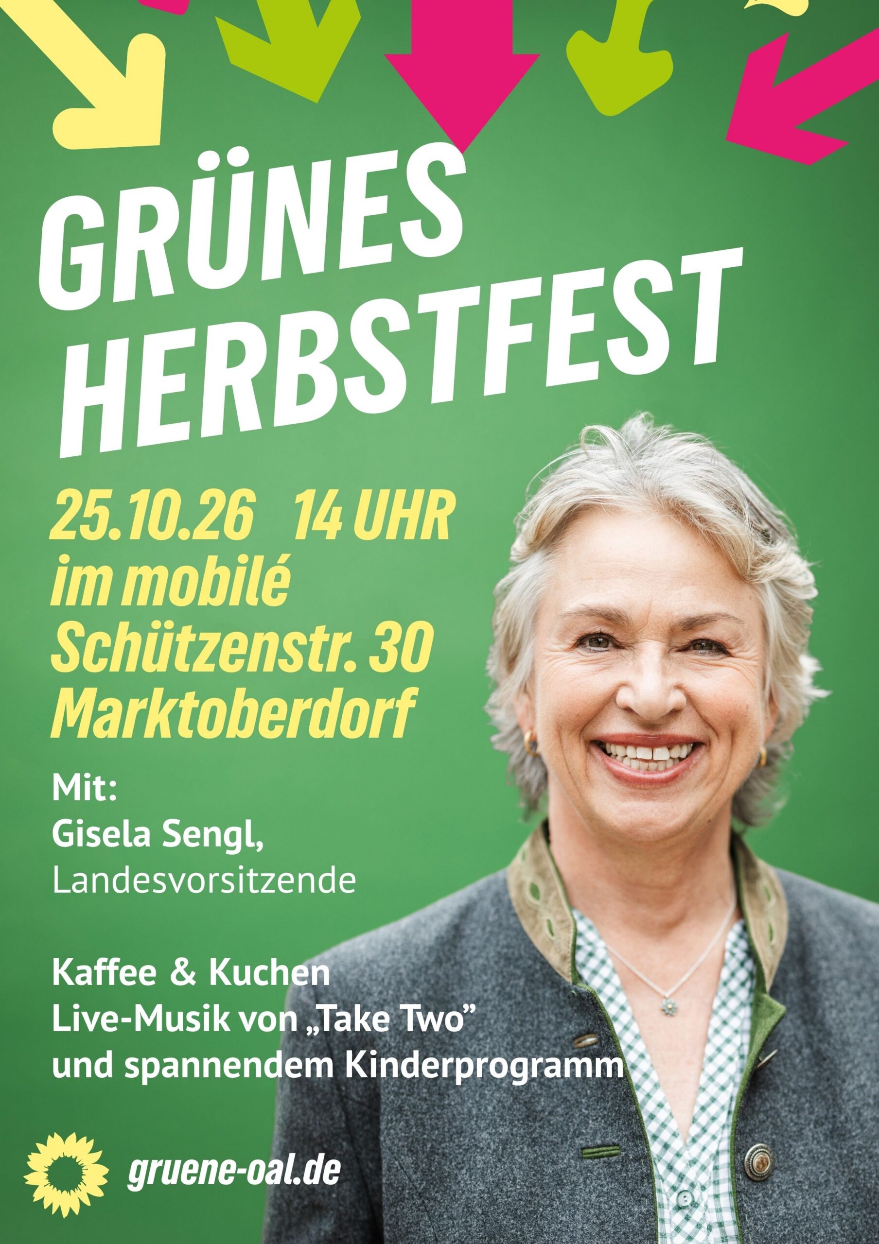 Plakat für grünes Herbstfest am 25.10.2026 um 14:00 Uhr im mobilé Marktoberdorf, Schützenstr. 30, mit Foto von Gisela Sengl